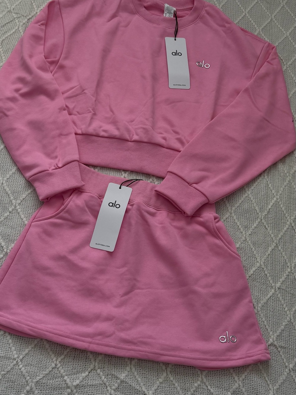 ALO Yoga Girls Pink Cropped Sweatshirt and Matching Skirt Set